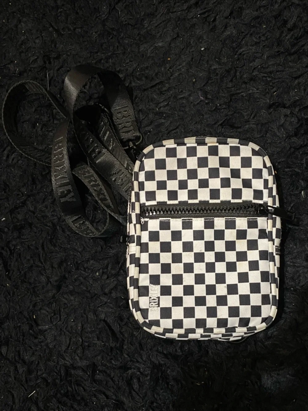Brixley Rally Checked Crossbody Mini Bag with Black Strap in Black and White